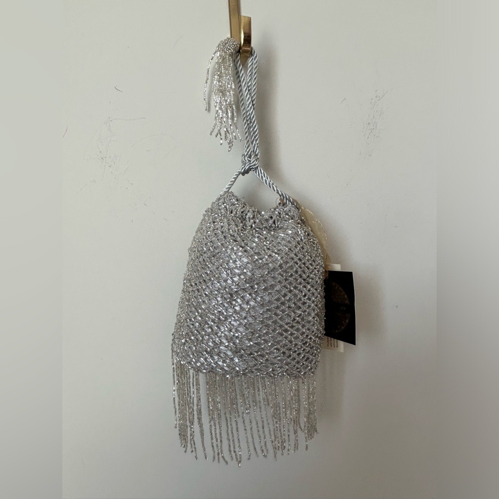 Silver Beaded Clutch with Fringe - Picture 5 of 6